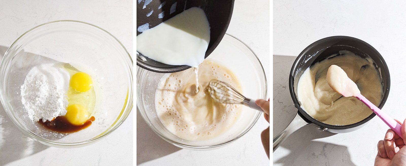 Mixing and tempering eggs to make custard.