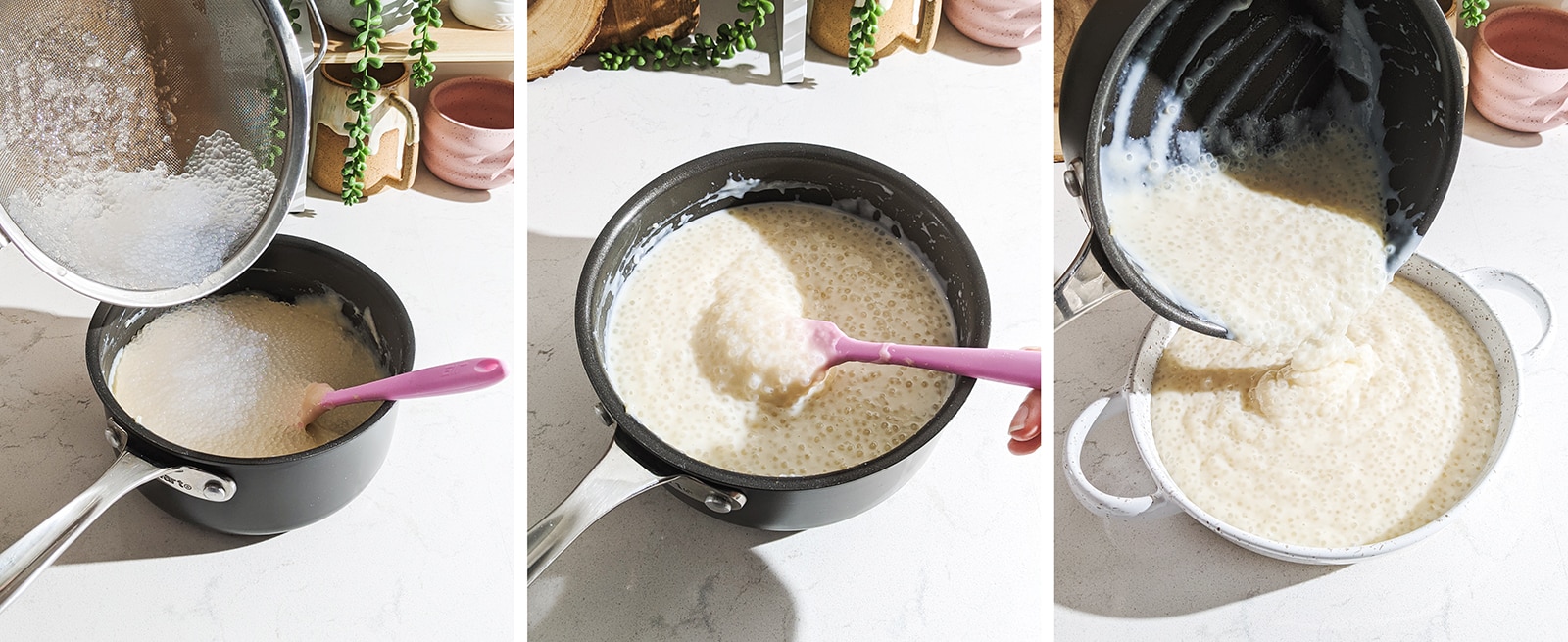 Mixing tapioca pearls into custard and pouring into baking dish.