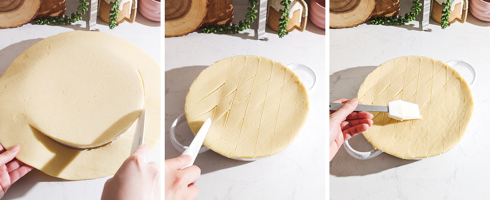 Scoring a diamond pattern onto crust topping and brushing with egg wash.