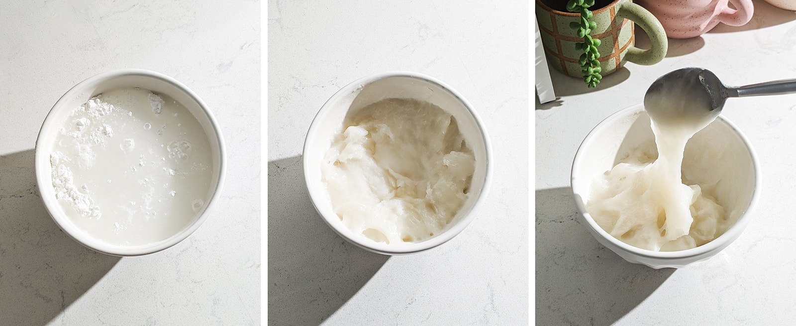 Turning glutinous rice flour and water into mochi in a bowl.