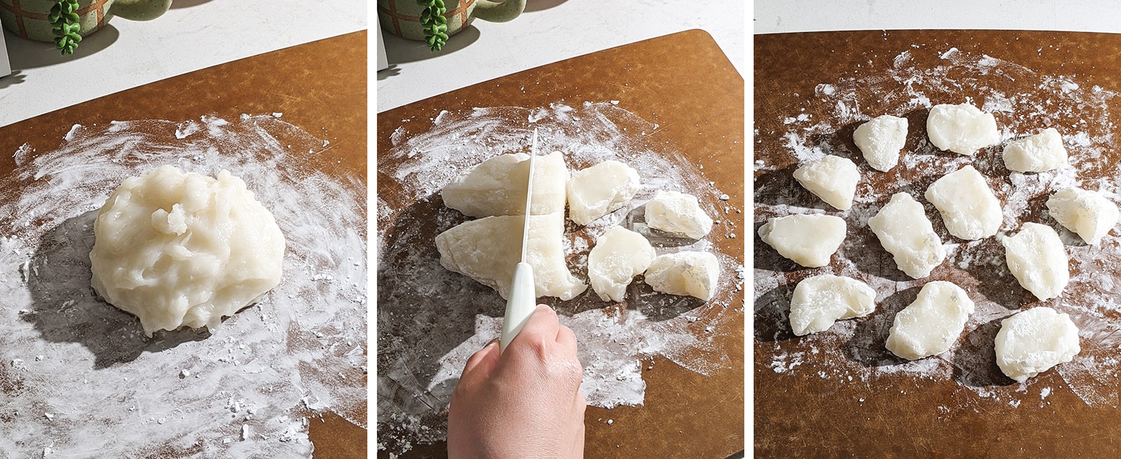 Cutting mochi up into smaller pieces.