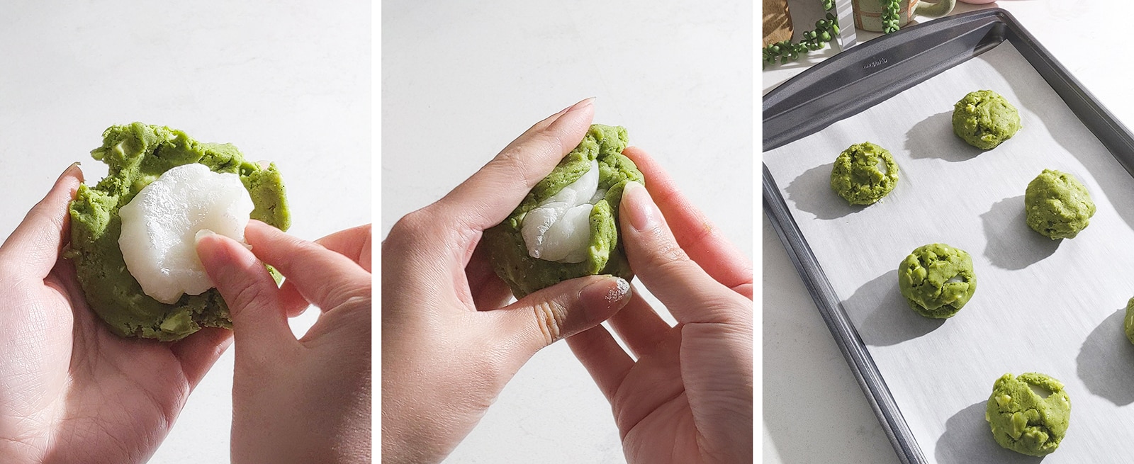 Wrapping matcha cookie dough around a piece of mochi.