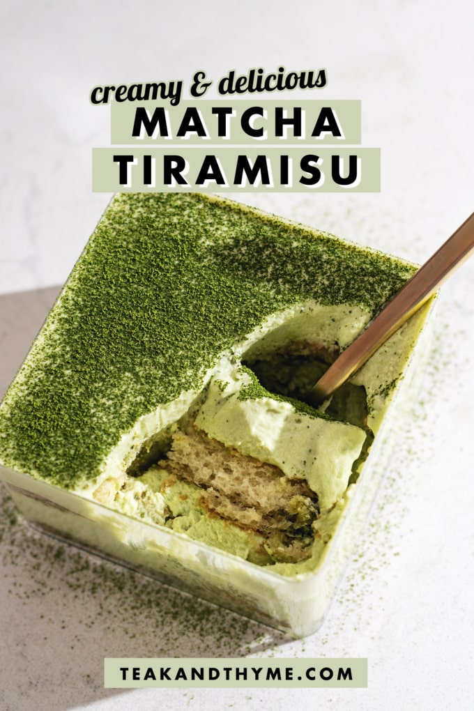 A scoop of matcha tiramisu resting in its container.