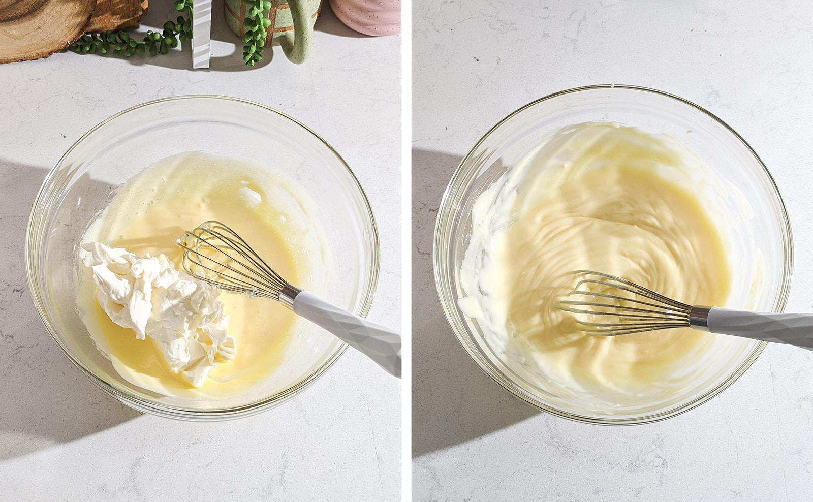 Whisking mascarpone cheese into pasteurized eggs.
