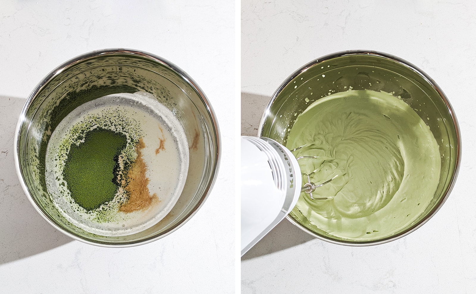 Whipping up matcha whipped cream with an electric mixer.