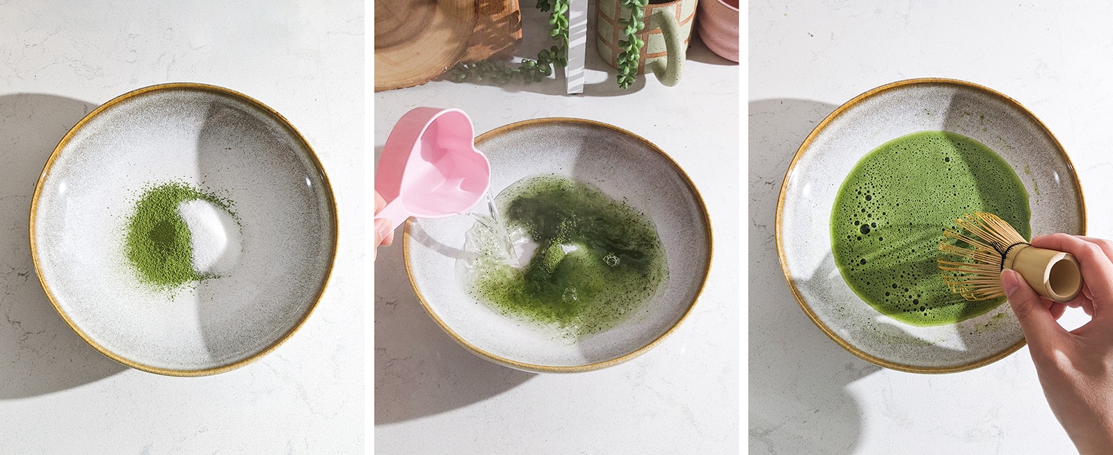 Whisking matcha with water in a bowl.
