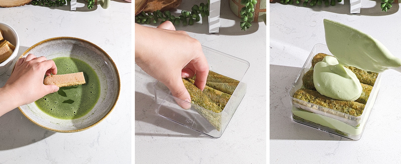 Dipping ladyfingers into matcha and assembling matcha tiramisu in a box.