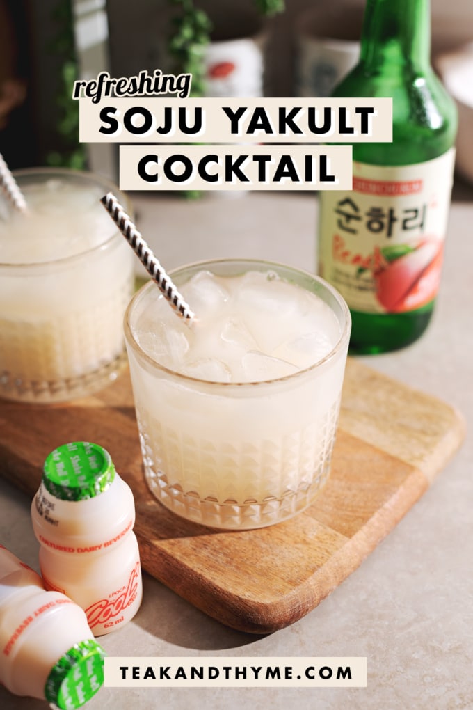 Milky white soju yakult cocktail in a highball glass.