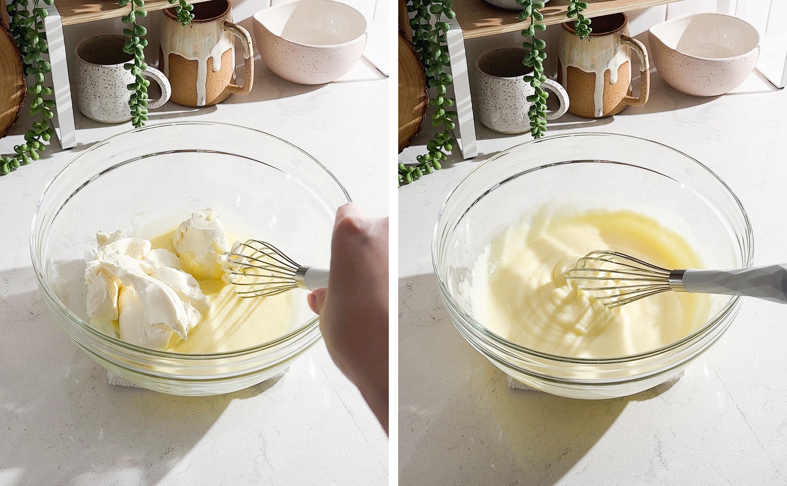 Left to right: mascarpone cheese in egg mixture, whisk sitting in bowl with mascarpone egg mixture.