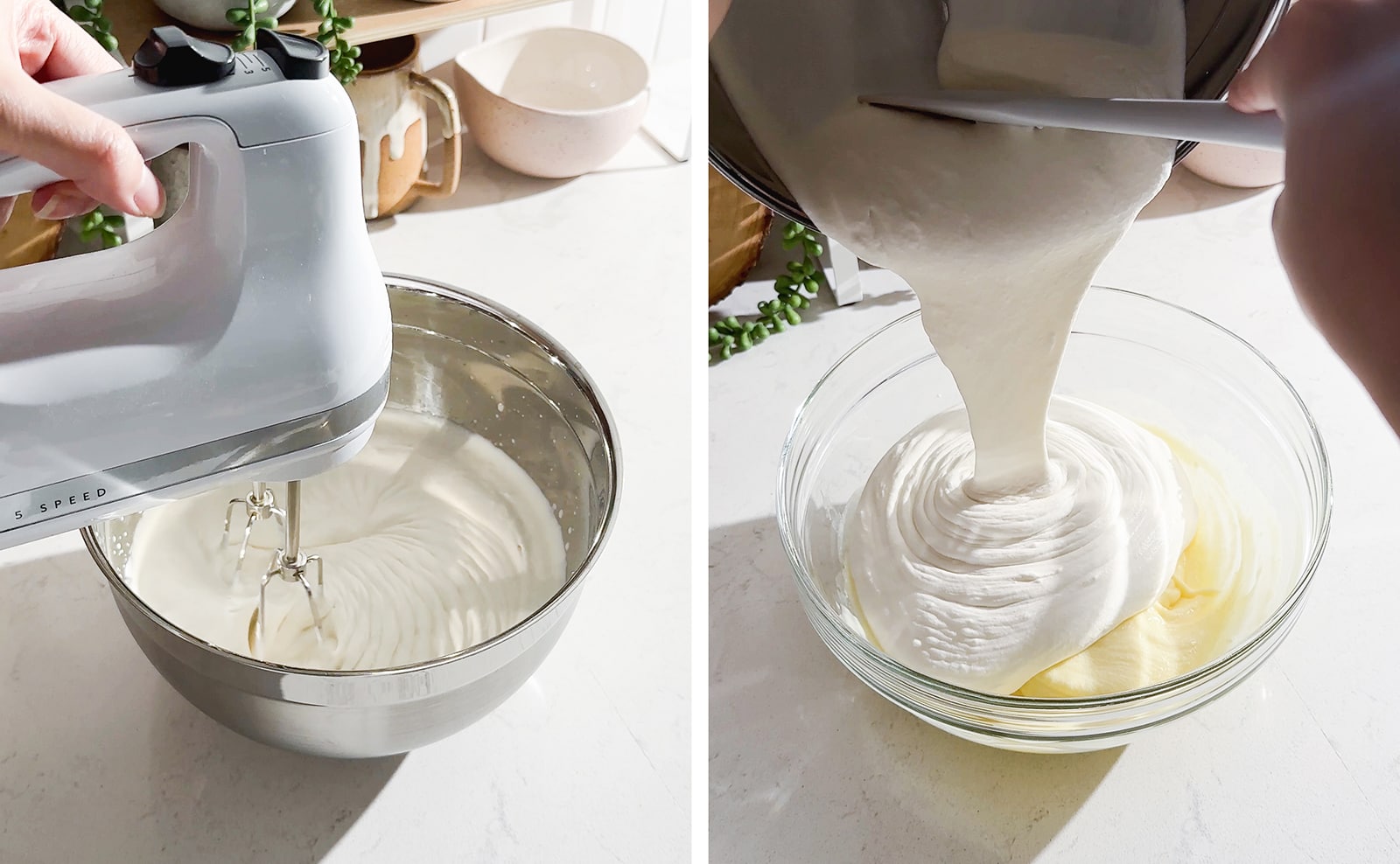 Left to right: whipping cream with hand mixer, pouring whipped cream into mascarpone mixture.