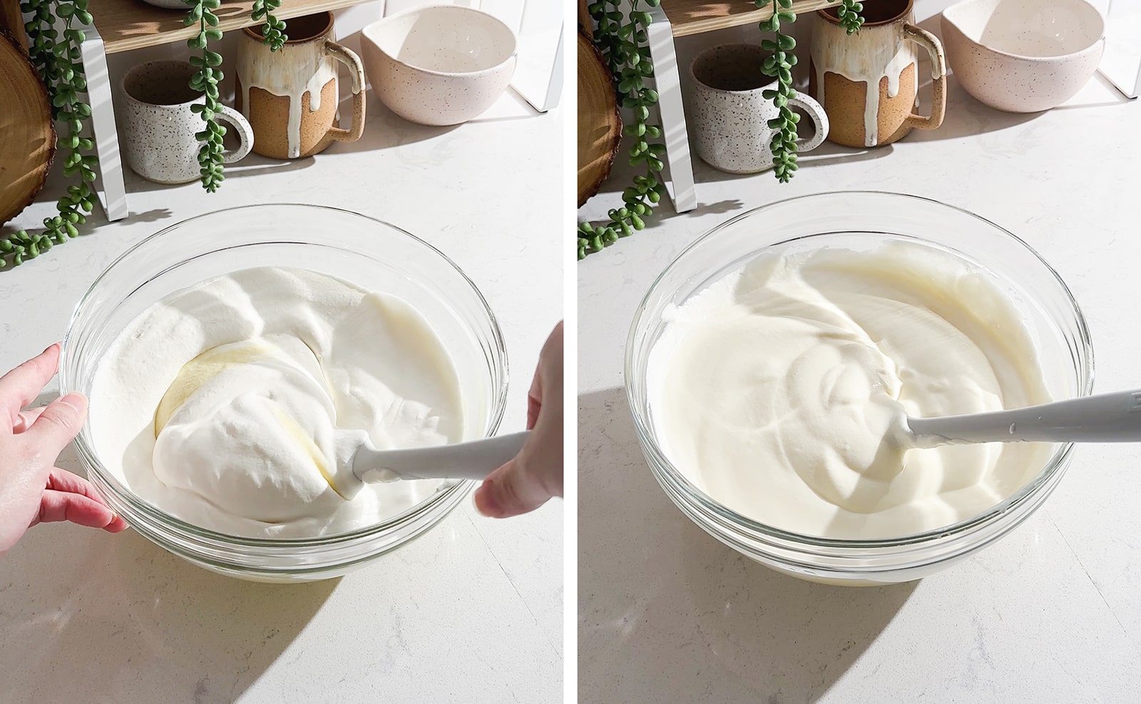 Left to right: folding whipped cream and mascarpone mixture together, mixed mascarpone cream in a bowl.