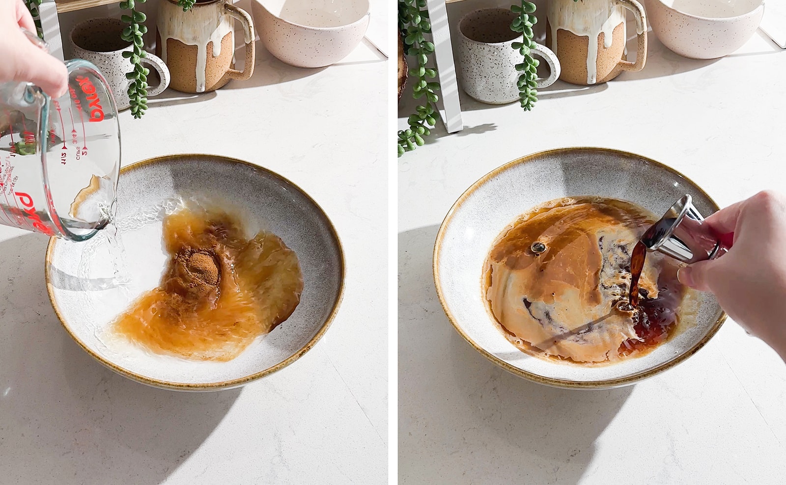 Left to right: pouring water into shallow bowl with espresso powder, pouring coffee liqueur into espresso.