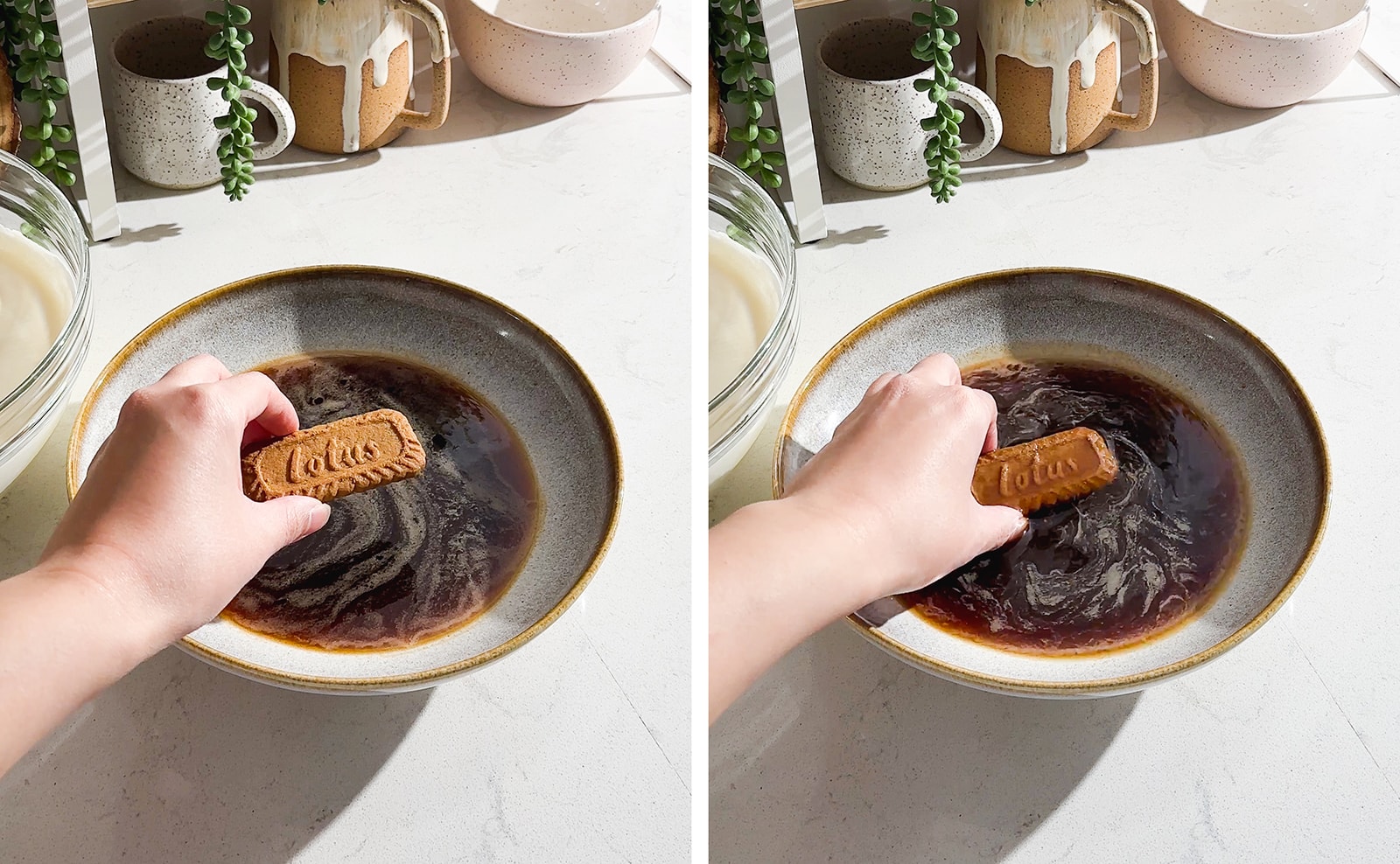 Left to right: hand holding Lotus biscoff cookie above espresso soak, biscoff cookie dipped into espresso.