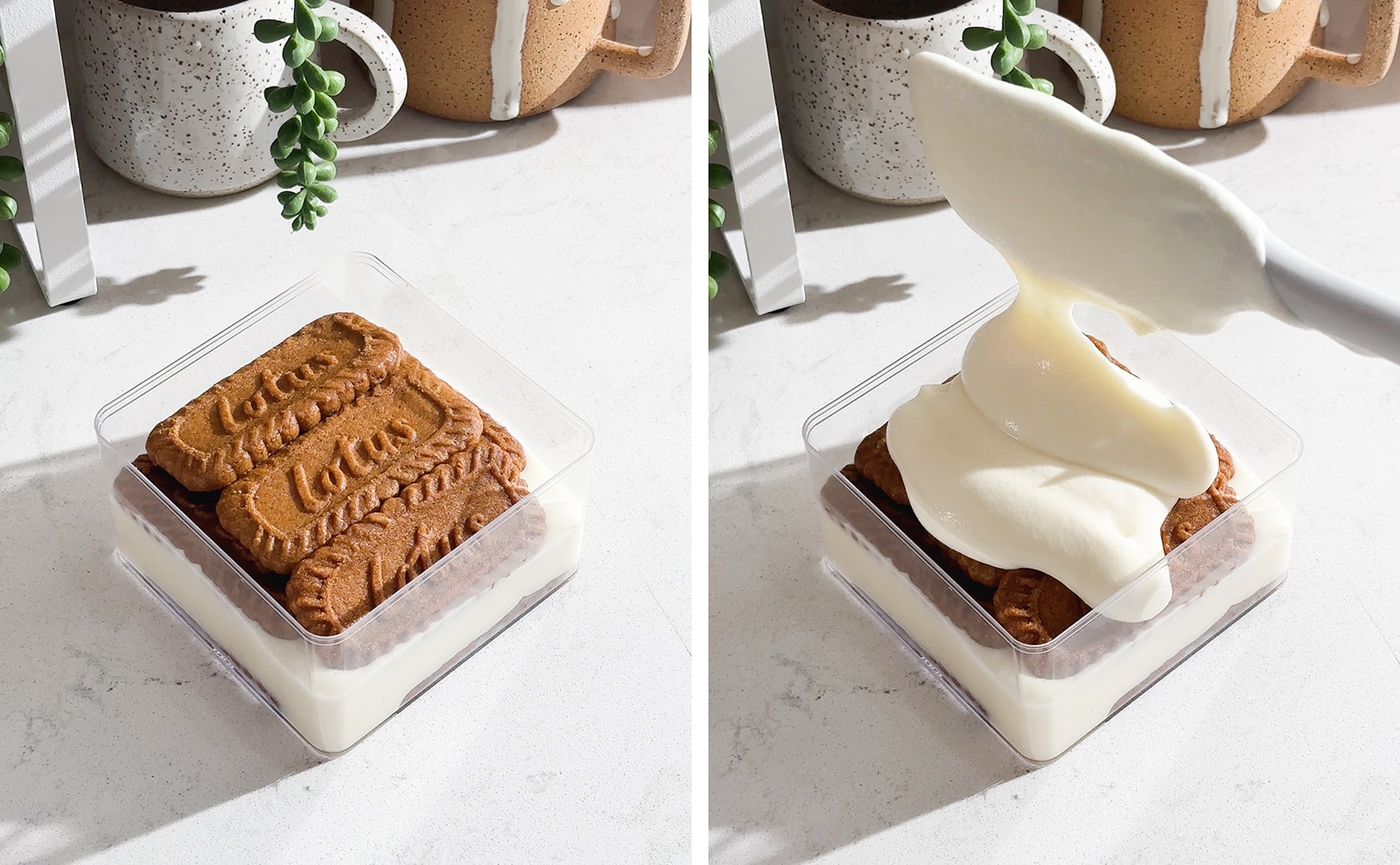 Left to right: Biscoff cookies lined up on top of cream, dropping a second layer of mascarpone cream on top of biscuits.
