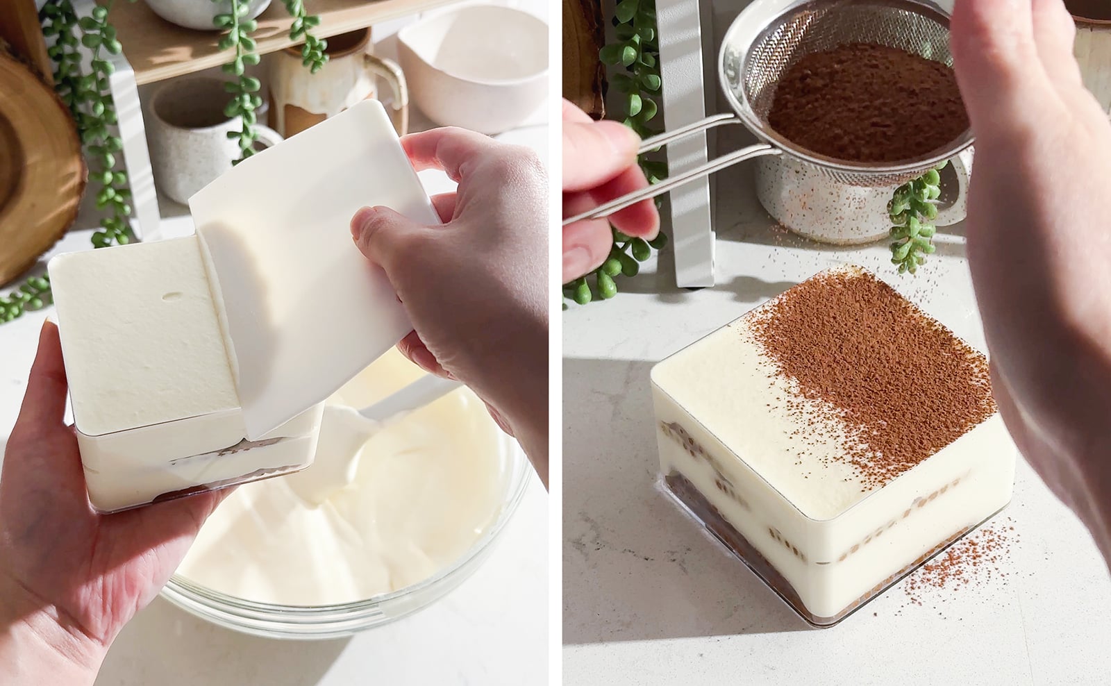 Left to right: scraping cream off of the container with a bench scraper, dusting the top of tiramisu with cocoa powder from a sift.