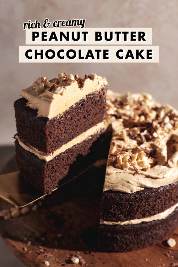 A cake slice being lifted up from the rest of the cake with a gold cake server.