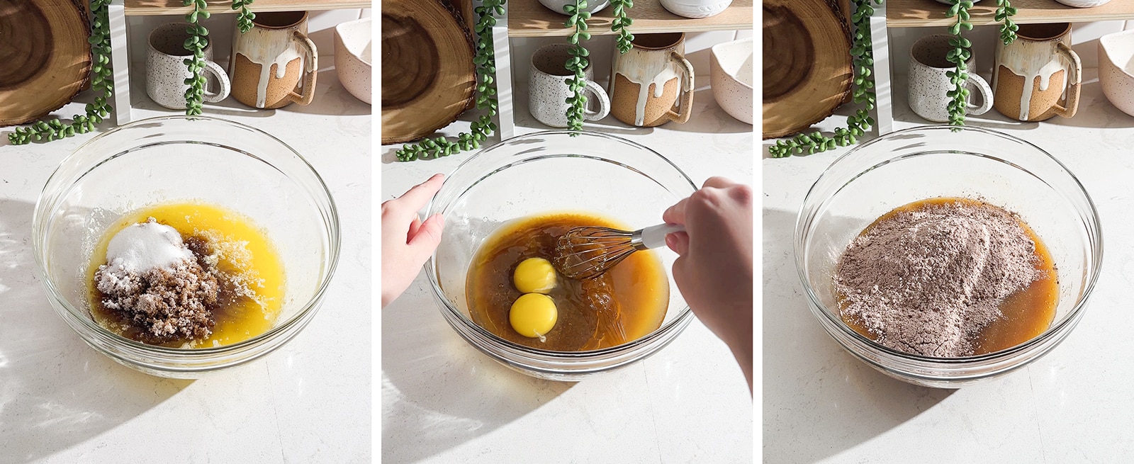 Whisking cake batter in a mixing bowl.