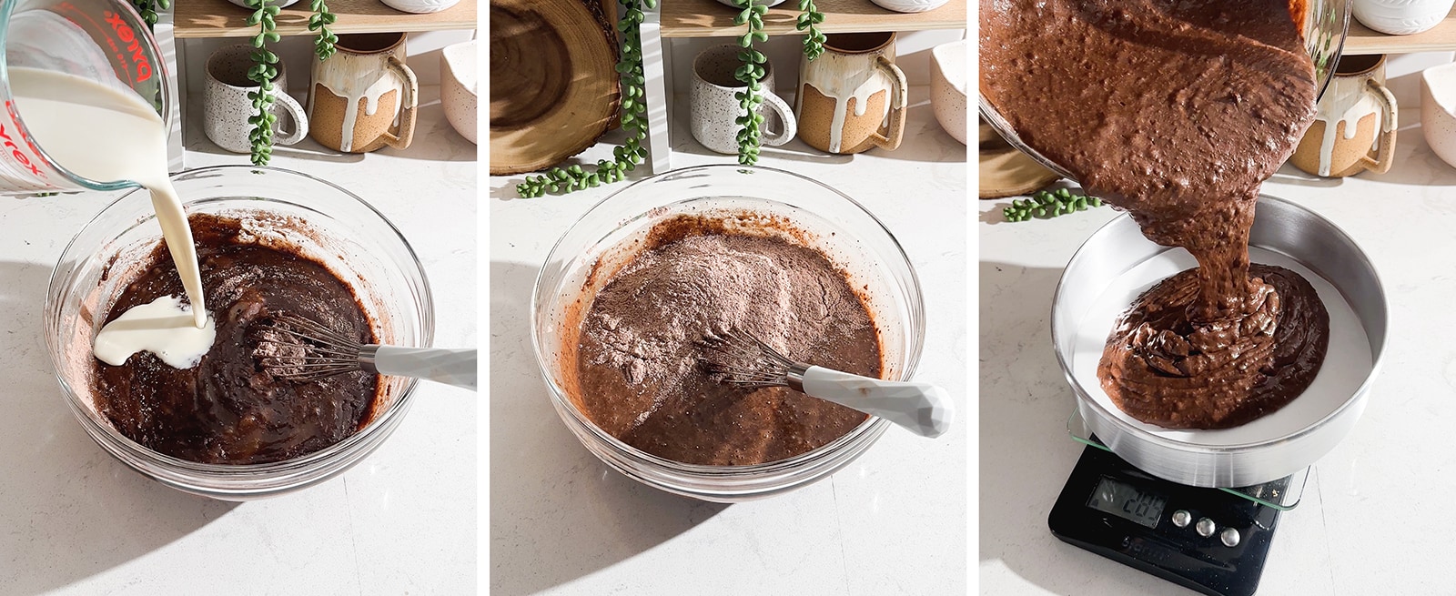 Mixing chocolate cake batter and pouring it into a cake pan.