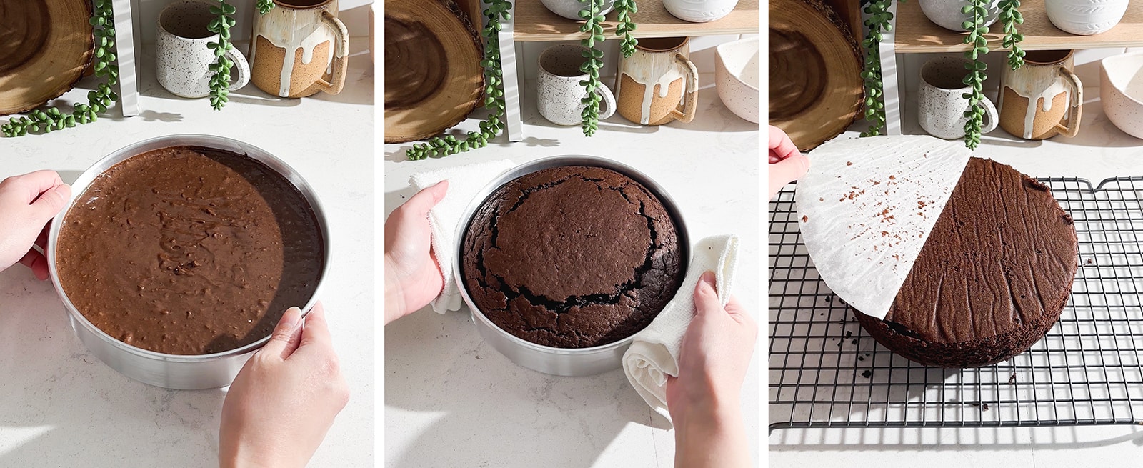 Chocolate cake in a pan before and after baking.