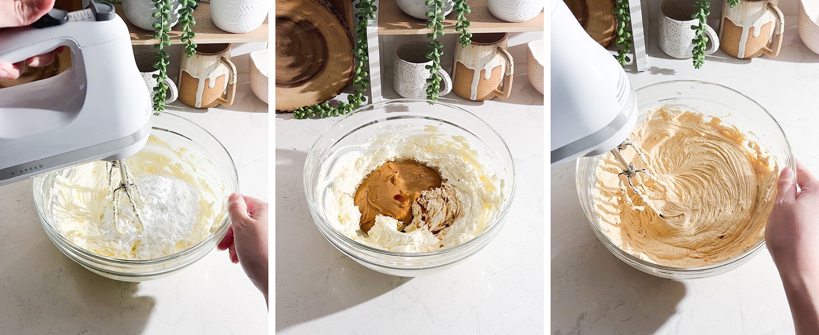 Beating peanut butter frosting in a mixing bowl with a hand mixer.