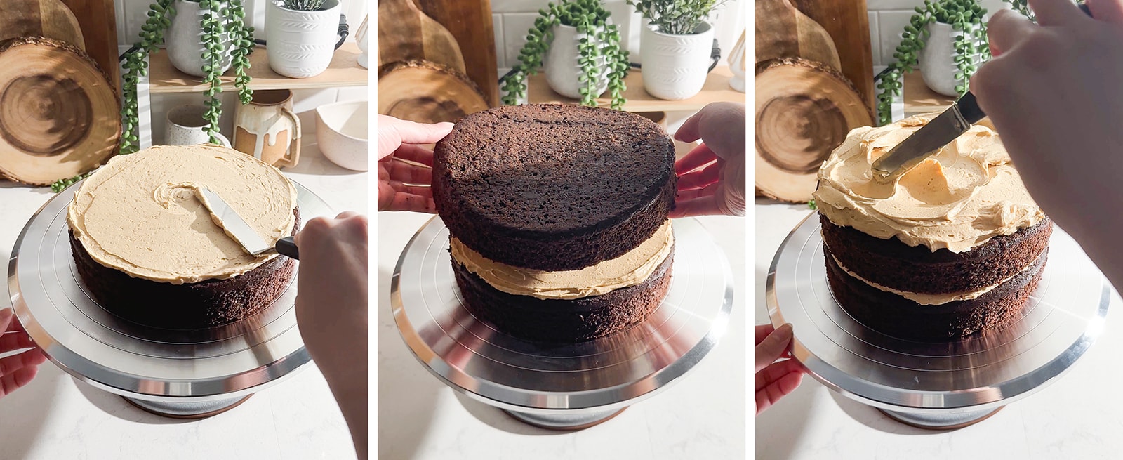 Frosting a cake on a cake turntable.