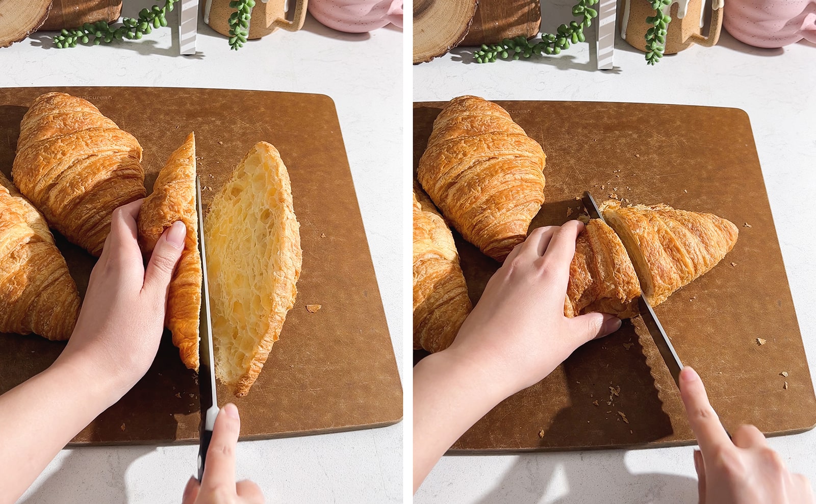 Left to right: cutting croissant in half lengthwise, cutting croissant in half widthwise.