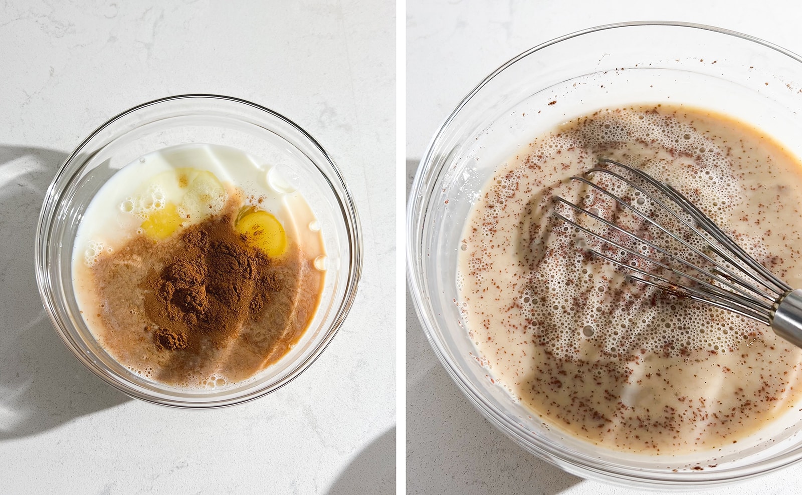 Left to right: ingredients in a mixing bowl, ingredients whisked together into brown mixture.