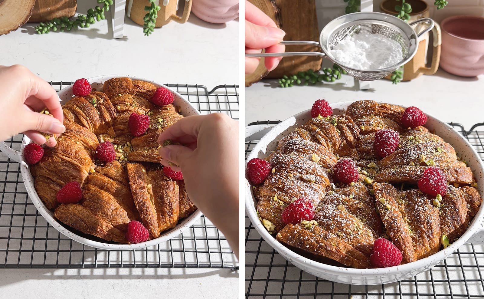 Left to right: hands sprinkling pistachios over croissant bread pudding, hand holding sieve dusting powdered sugar over croissants.