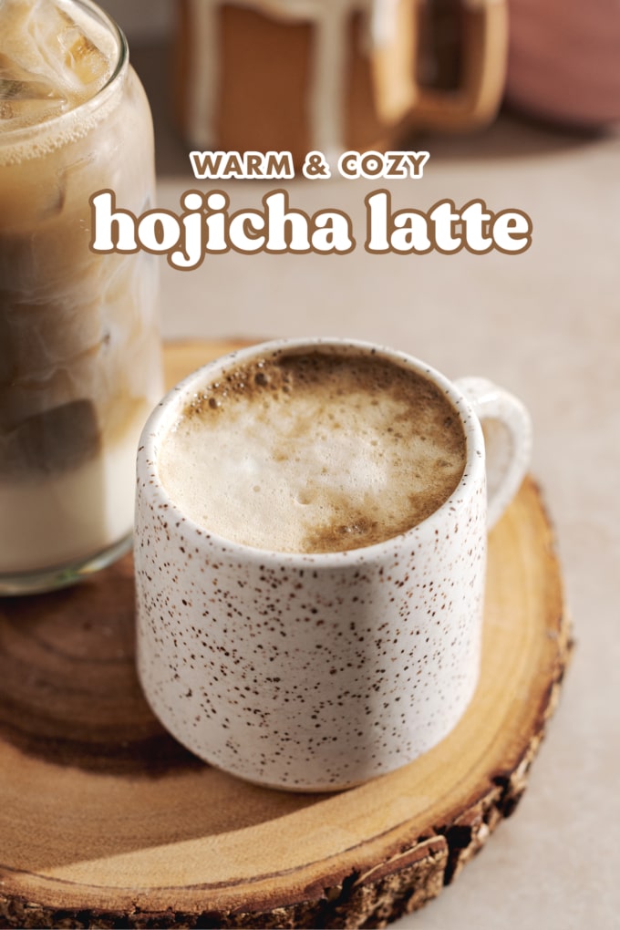 Speckled mug filled with hojicha and frothy milk.