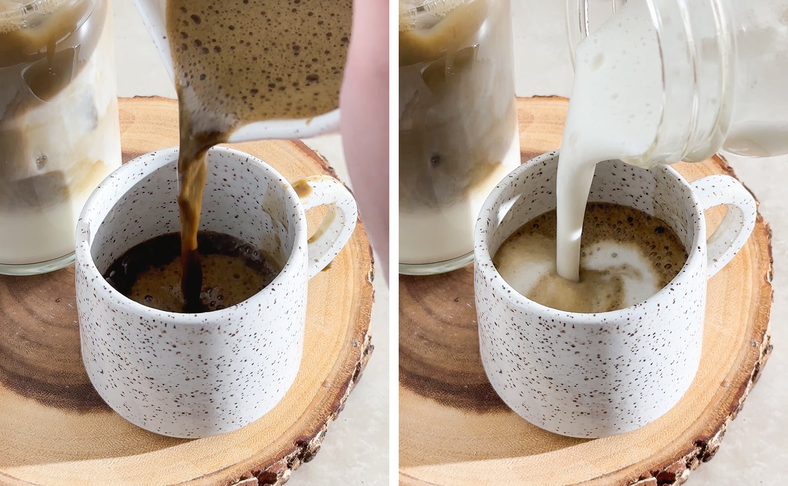 Left to right: pouring hojicha into mug, pouring frothy milk into mug.