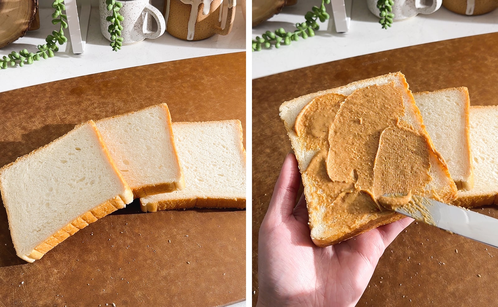 Left to right: three slices of milk bread on a cutting board, spreading peanut butter on a slice of bread with a knife.
