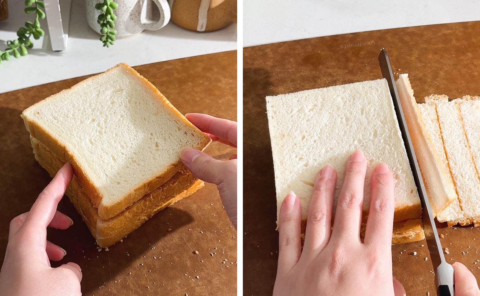 Left to right: placing the top piece of bread on a stack, cutting the crust off a sandwich with a knife.