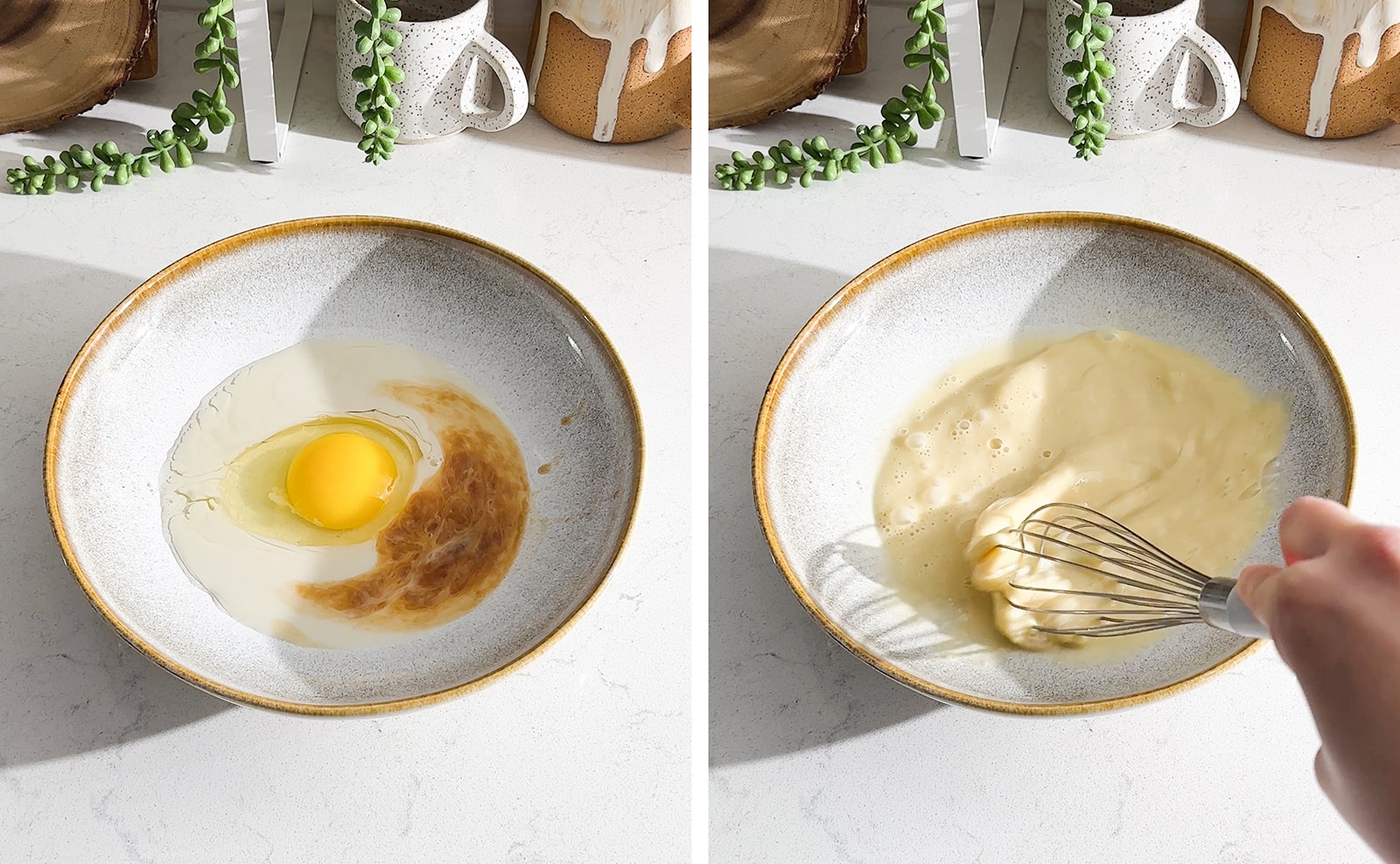 Left to right: egg, milk, and vanilla extract in a bowl; hand whisking egg mixture in a bowl.