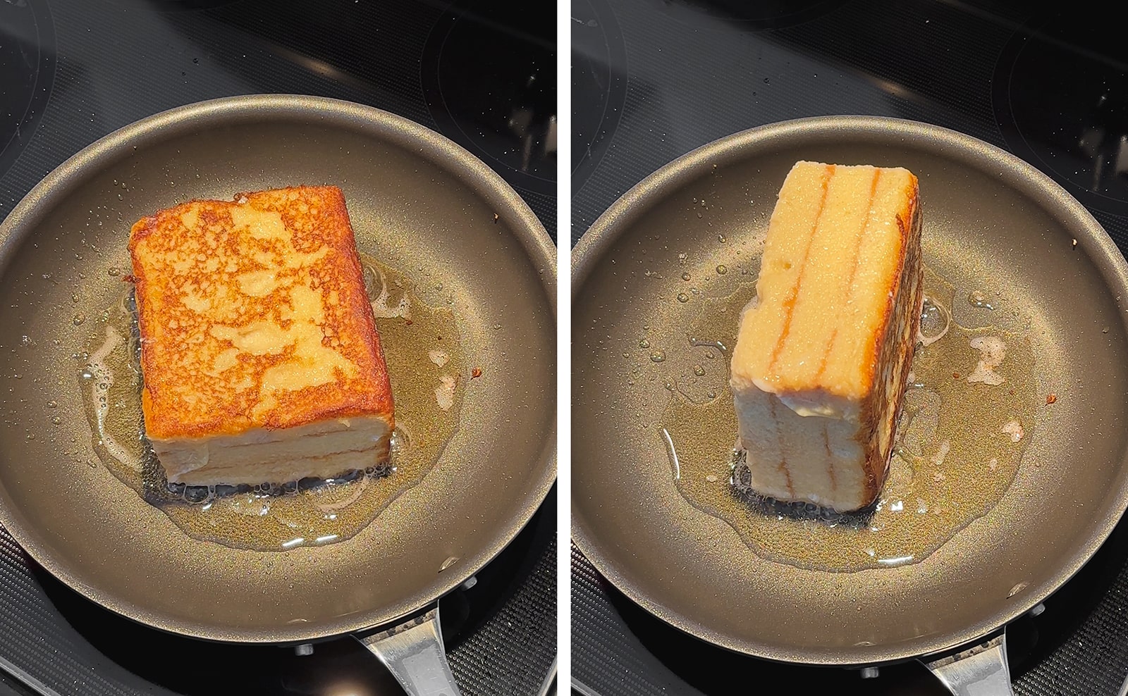 French toast frying in a pan on two different sides.