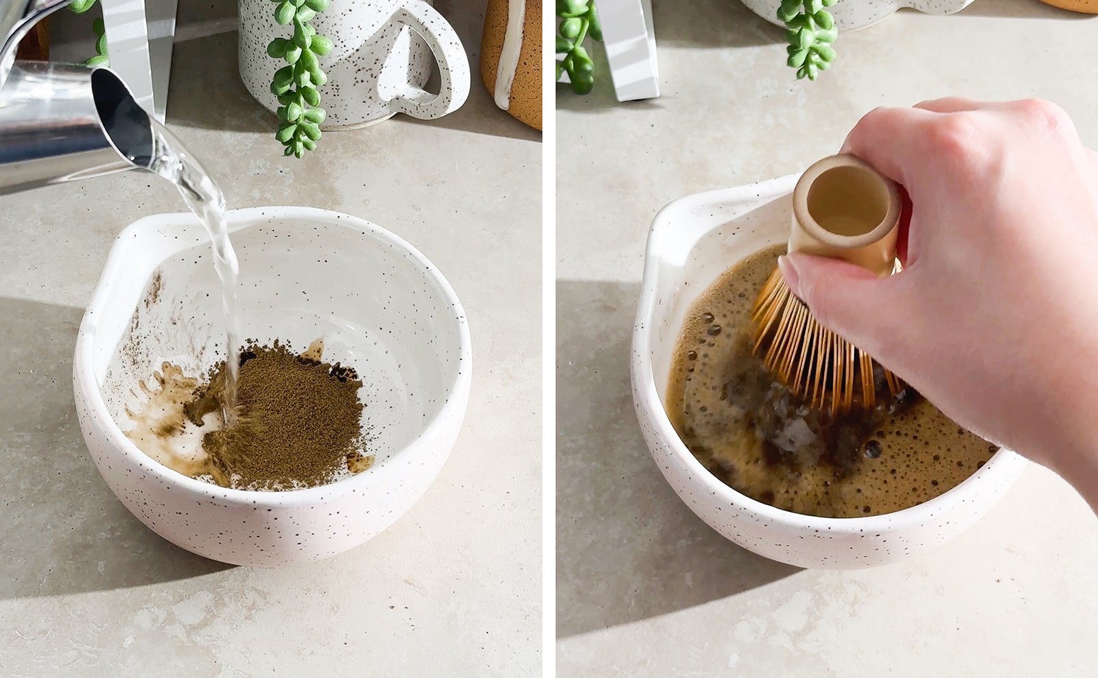 Left to right: pouring hot water into bowl of hojicha powder, hand holding bamboo whisk in bowl of hojicha.