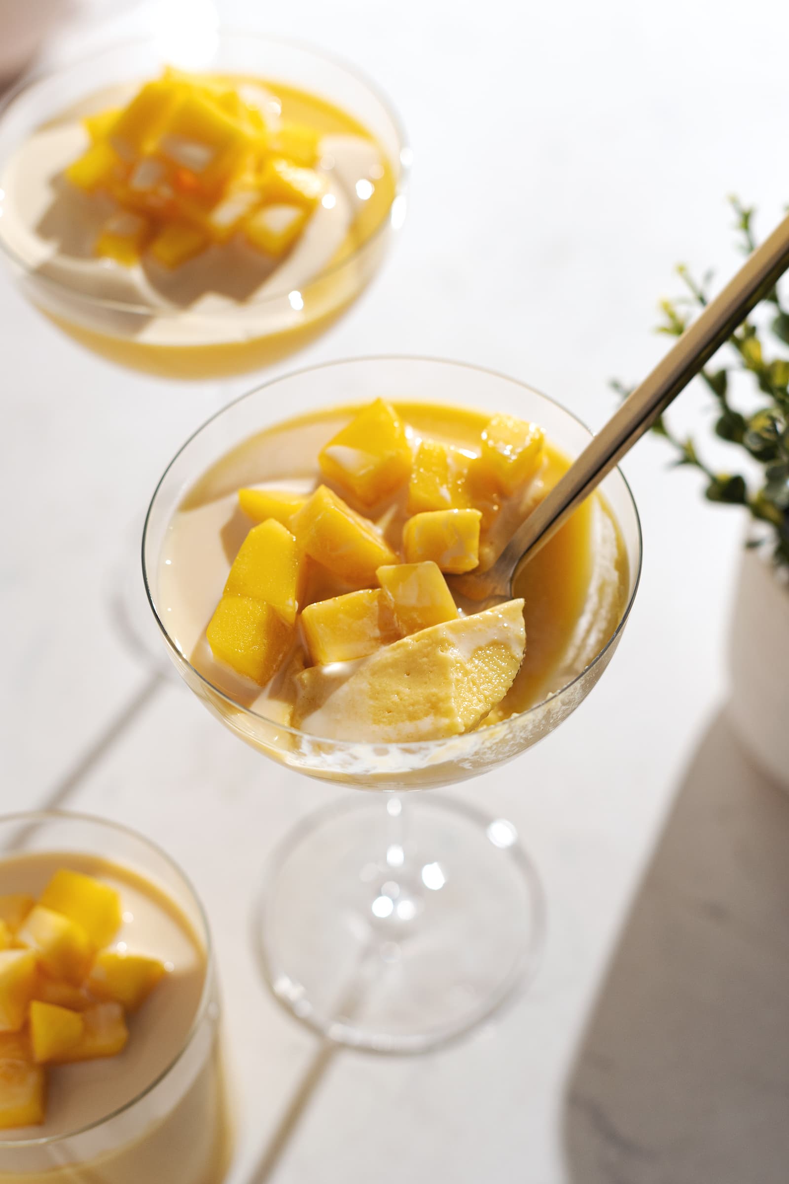 A spoonful of mango pudding resting in the glass with mango chunks on top.