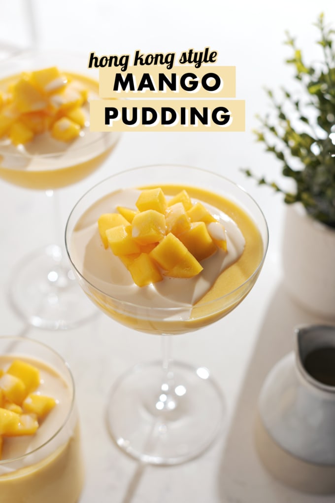 A coupe glass filled with mango pudding and mango chunks on top.