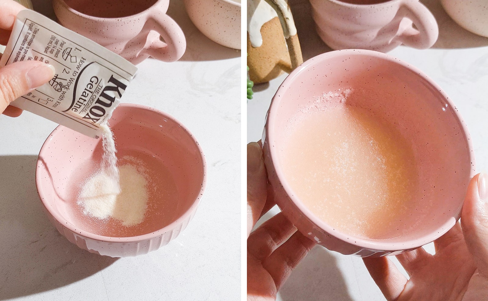 Left to right: hand sprinkling gelatin powder over a bowl of water, holding bowl up to show gel texture of bloomed gelatin.