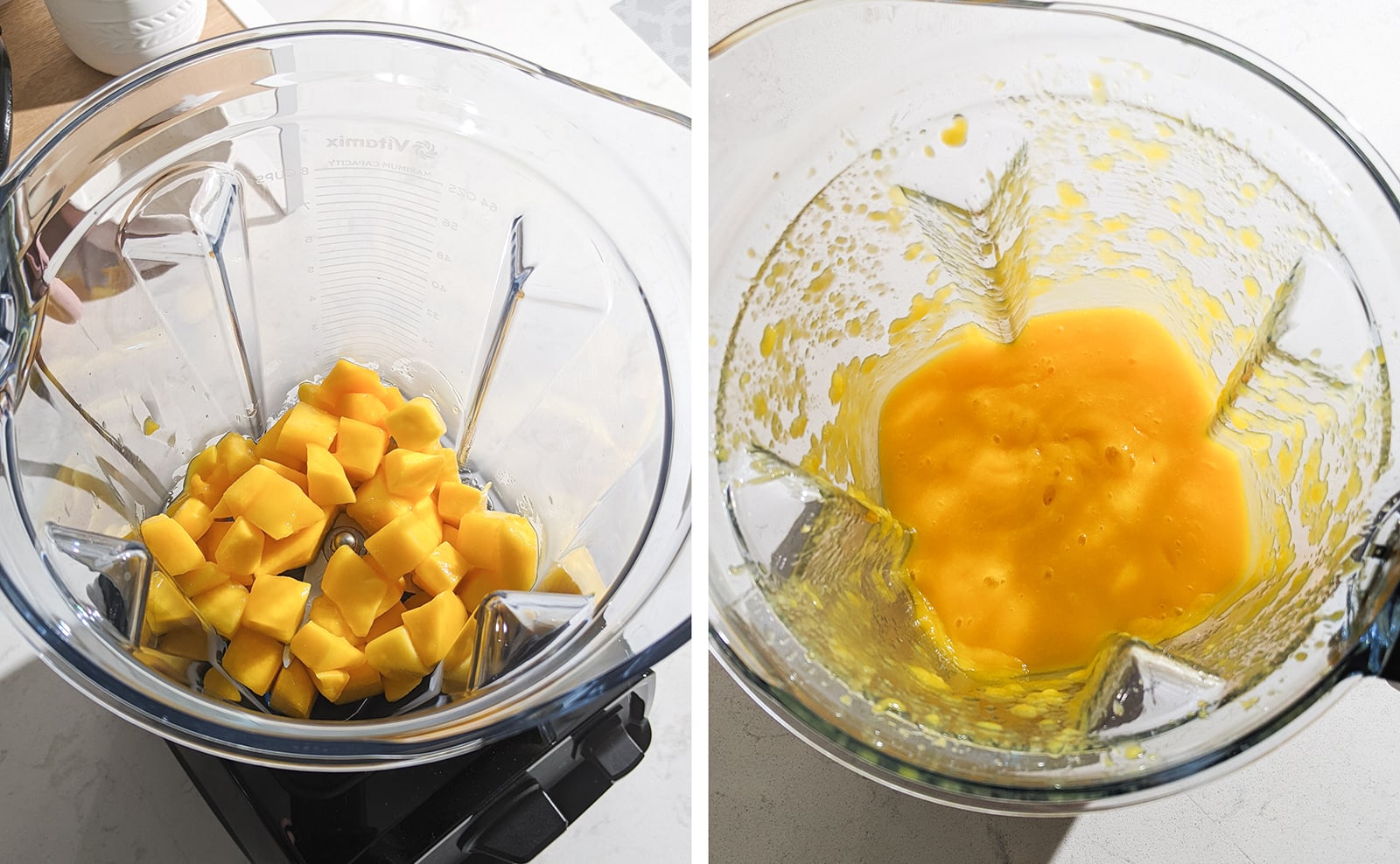 Left to right: mango chunks in a blender, mango puree in a blender after blending.