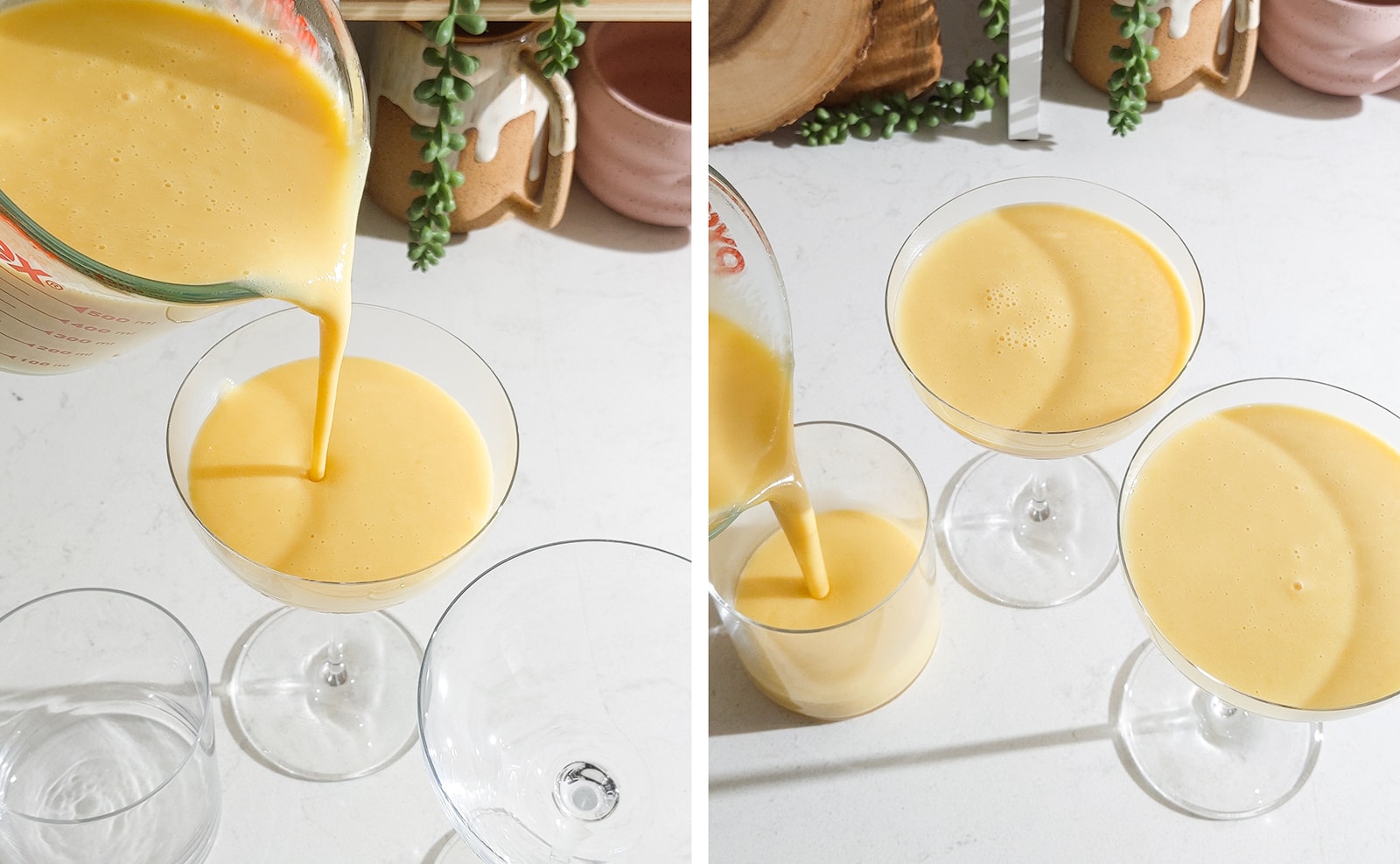 Left to right: pouring mango mixture into a coupe glass, pouring mango mixture into a small glass with the other glasses already filled.