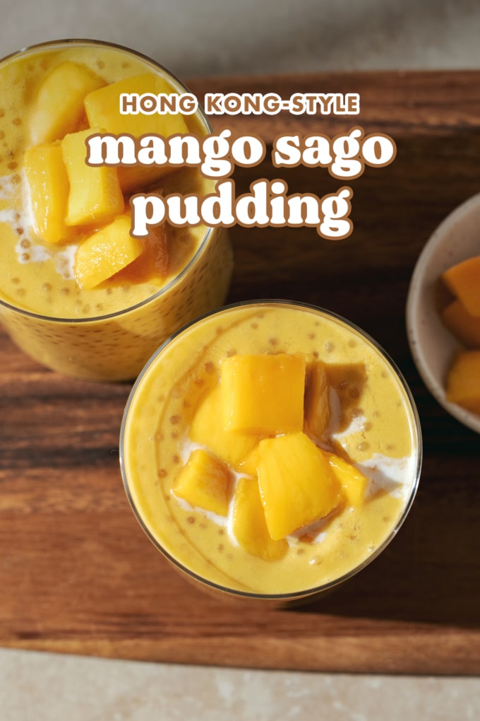 Overheard view of fresh mango chunks on top of mango sago.