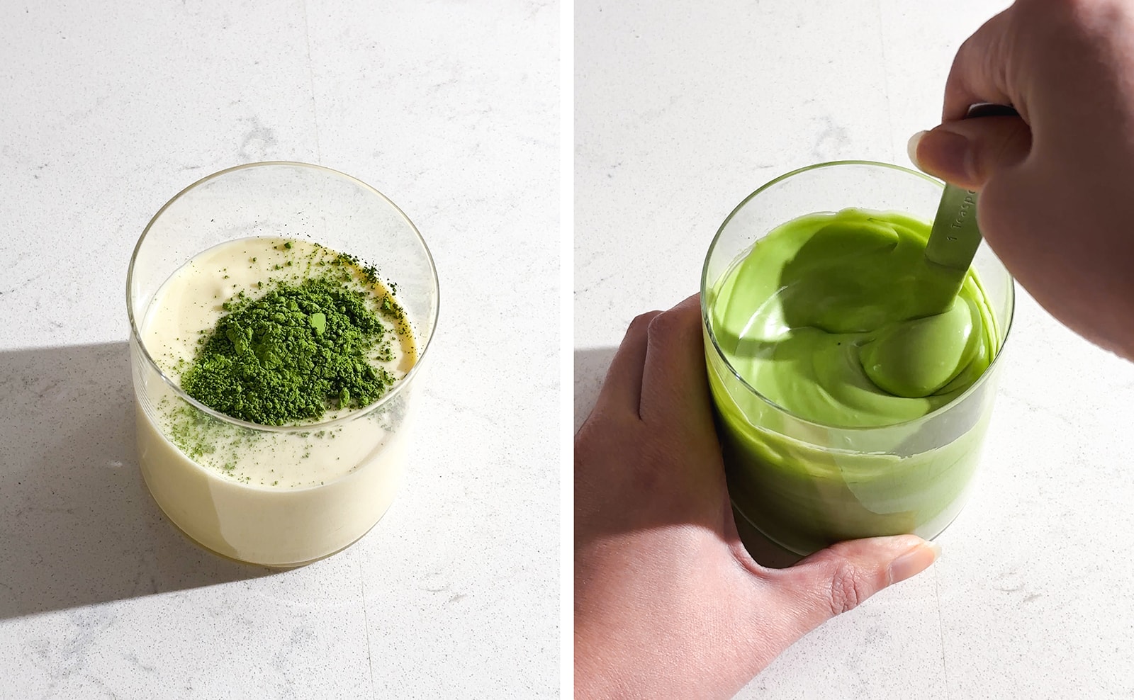 Stirring matcha powder into white chocolate.