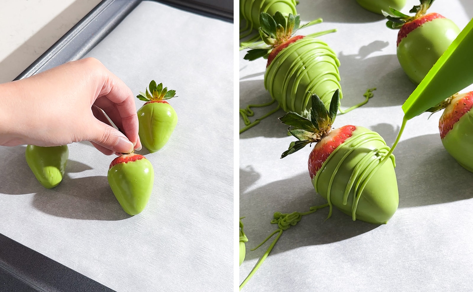 Drizzling matcha white chocolate onto a matcha-covered strawberry.
