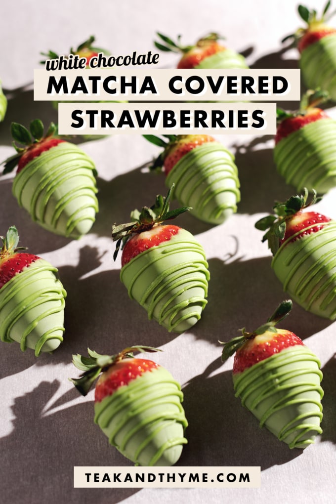 Matcha-covered strawberries lined up in rows.