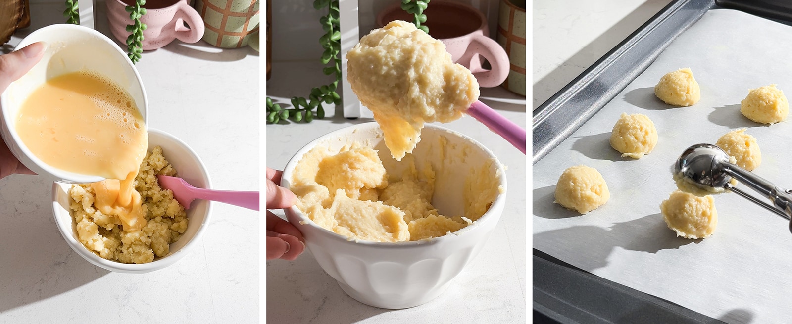 Mixing egg into choux dough and scooping out small balls of dough.
