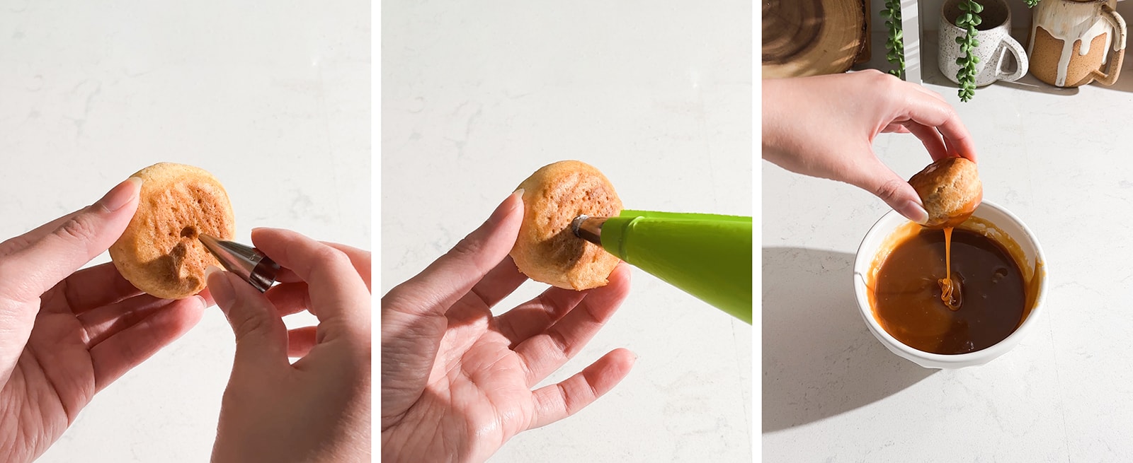 Filling choux buns with whipped cream and dipping in salted caramel.