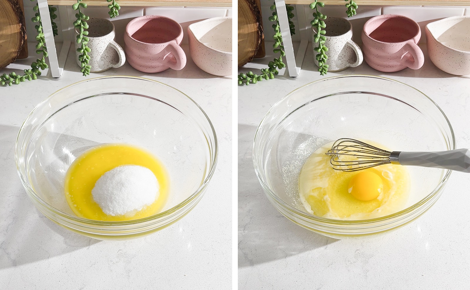 Left to right: melted butter and sugar in a glass bowl, egg and whisk in glass bowl.
