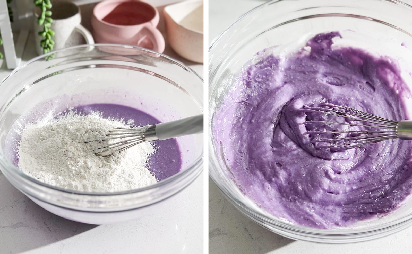 Left to right: flour added to ube batter, whisk sitting in mixed ube batter.