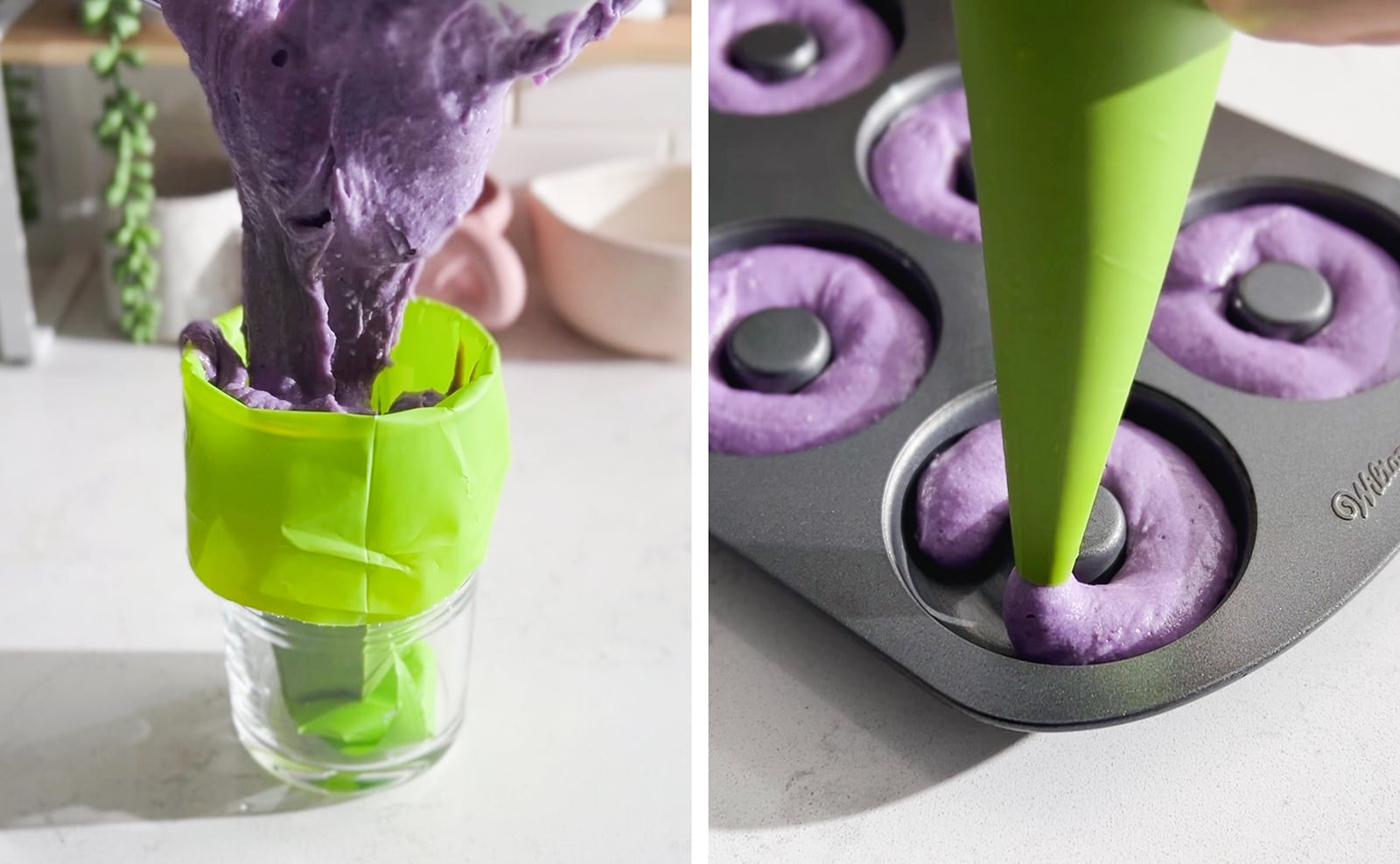 Left to right: pouring batter into piping bag in a cup, piping batter into donut pan.