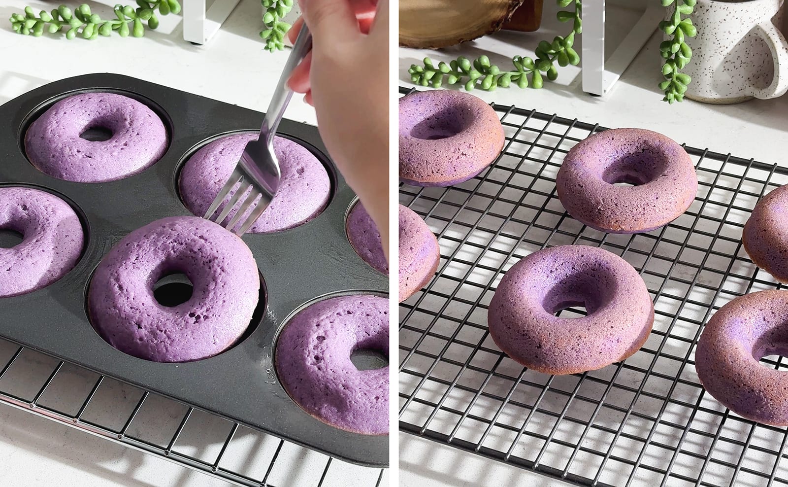 Left to right: hand holding fork to lift donut out of pan, unglazed purple donuts sitting on wire rack.